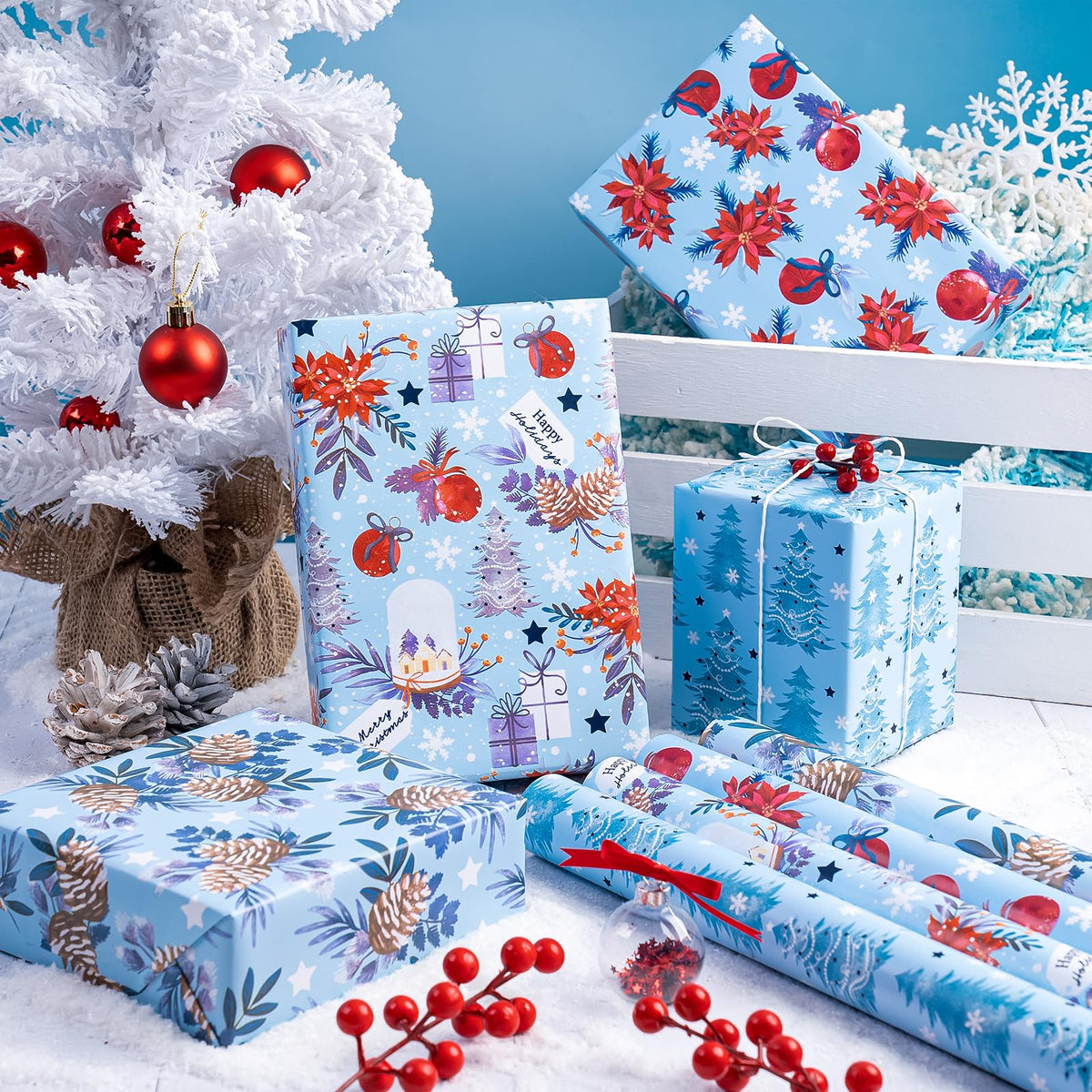 Christmas Wrapping Paper Rolls, Blue and Silver, 4 Rolls