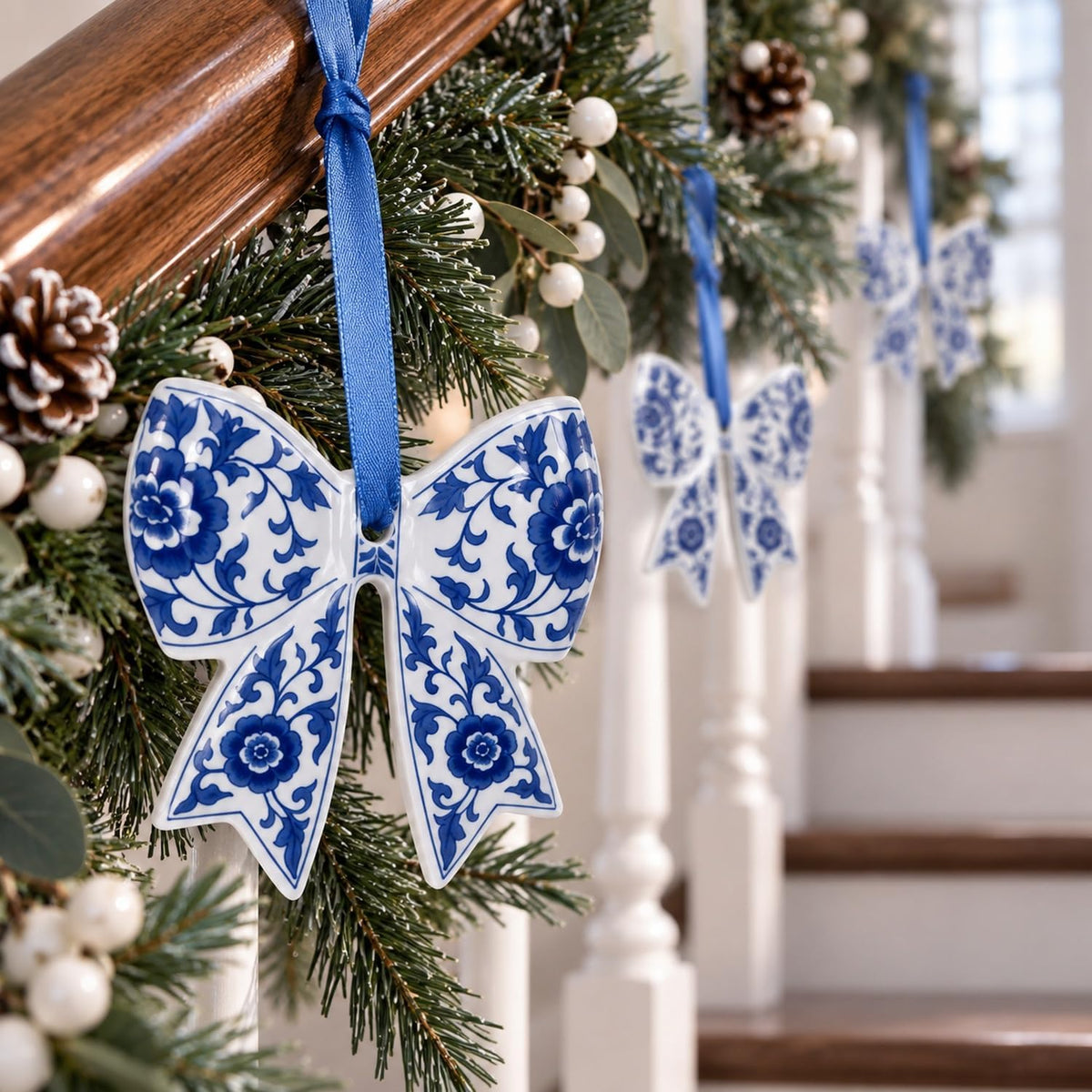 Blue and White Porcelain Bow Ornaments, Set of 6