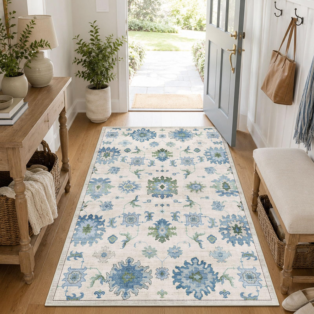 Washable Area Rug, Delft Blue Vintage Floral