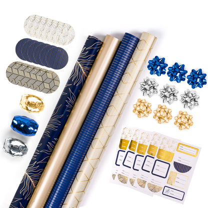 Christmas Wrapping Paper Rolls, Blue and Silver, 4 Rolls