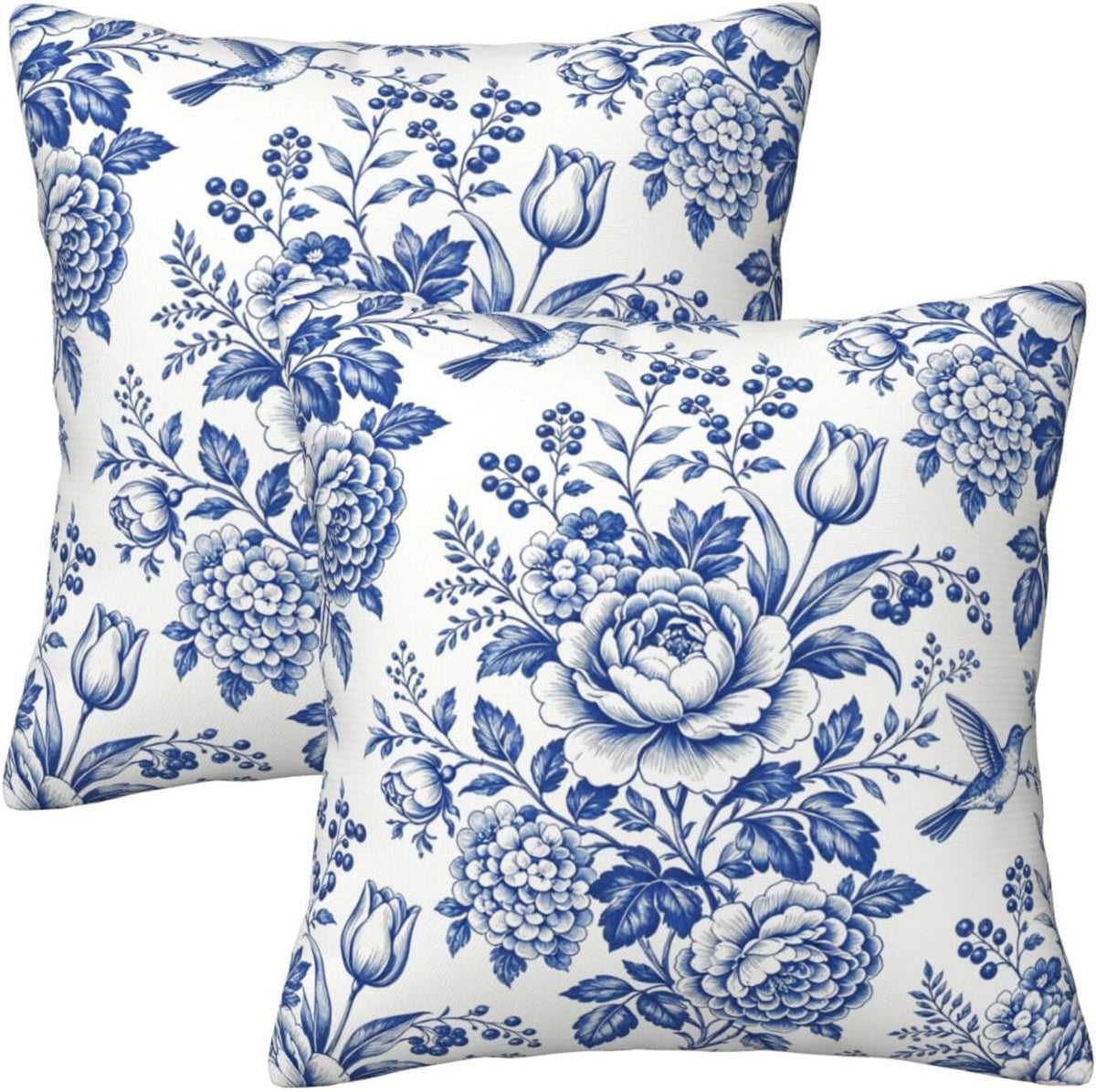 Blue and White Chinoiserie Floral Pillow Covers, Set of 2