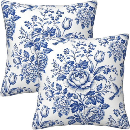 Blue and White Chinoiserie Floral Pillow Covers, Set of 2