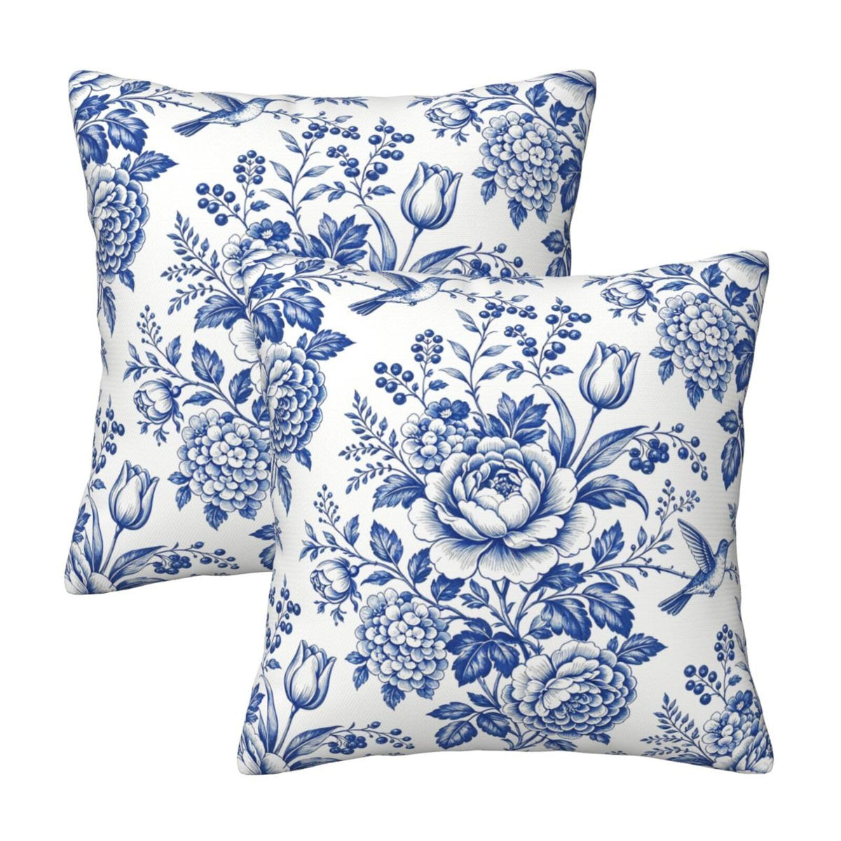 Blue and White Chinoiserie Floral Pillow Covers, Set of 2