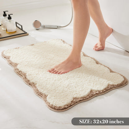 White Scalloped Bath Mat with Blue Piping