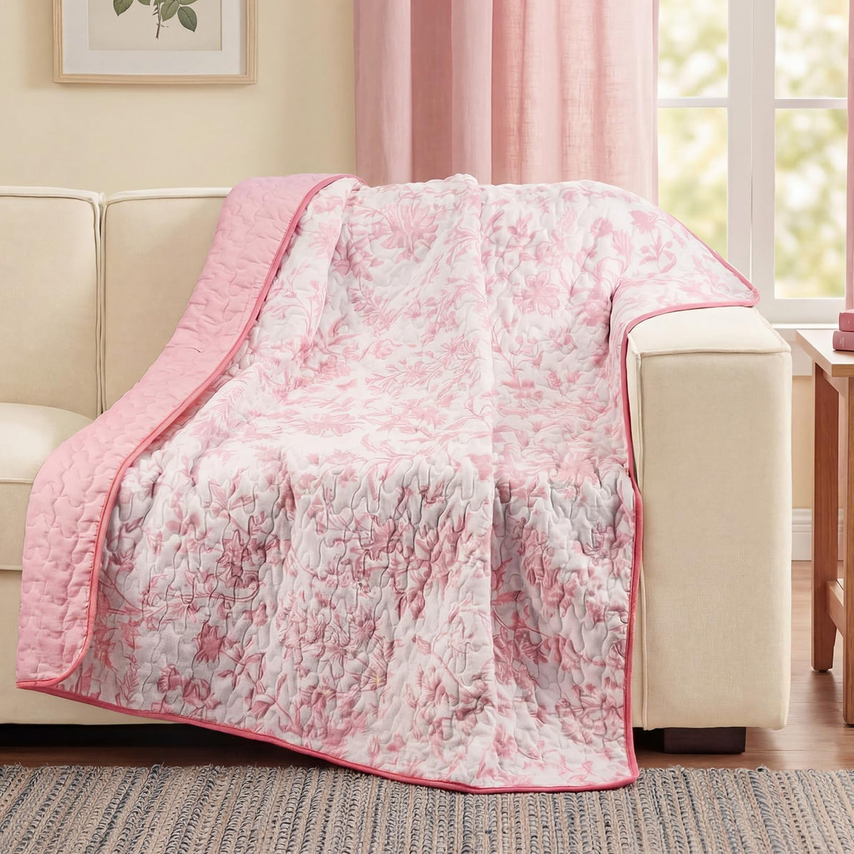 Blue Floral Quilted Throw Blanket, 50 x 60 Inch