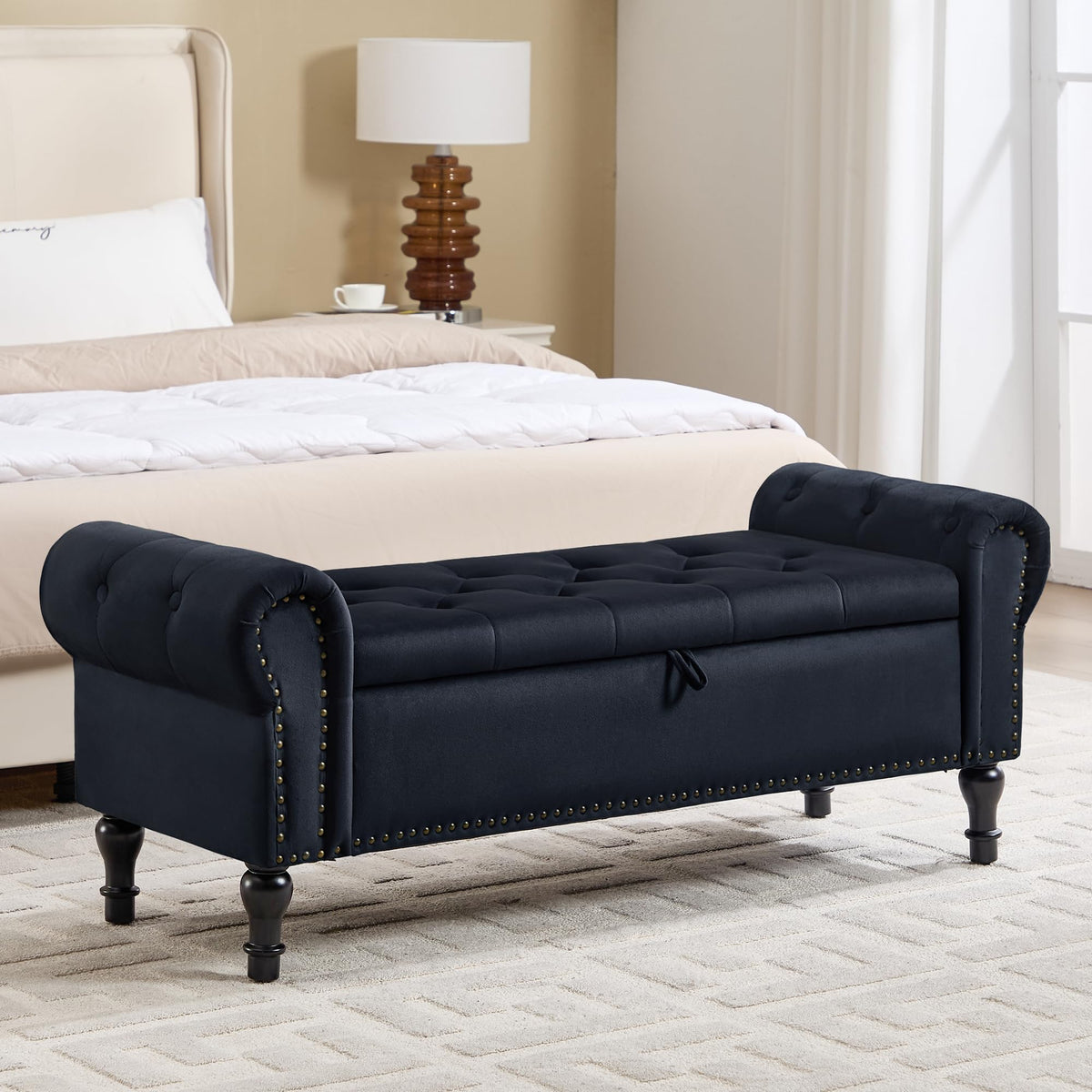 Navy Velvet Tufted Storage Bench