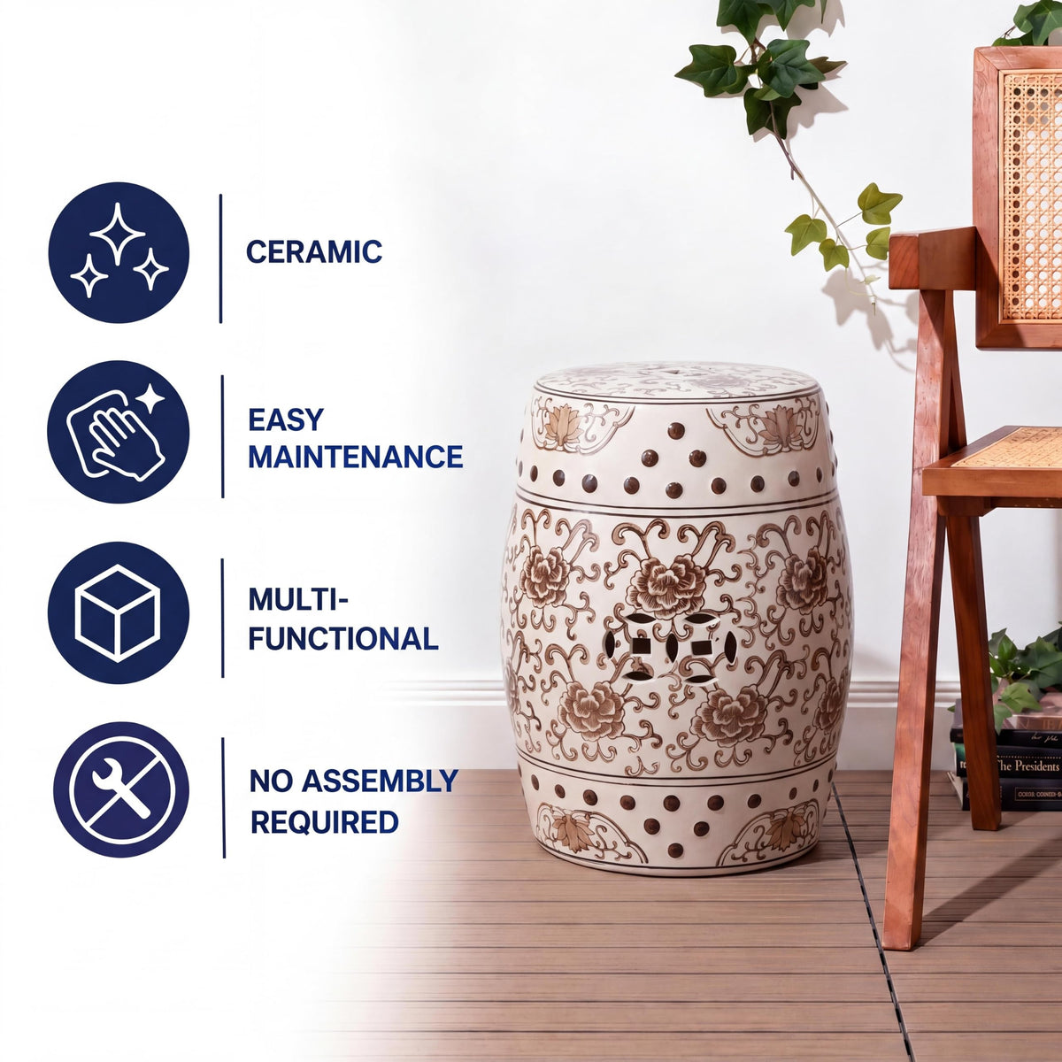 Jonathan Y Lotus Chinoiserie Garden Stool, 17.75"