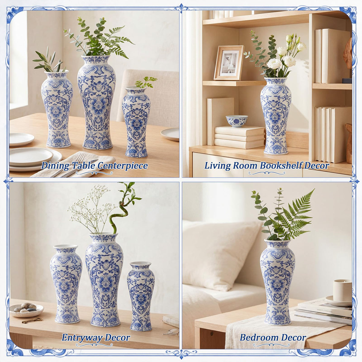 Set of 3 Blue and White Chinoiserie Vases