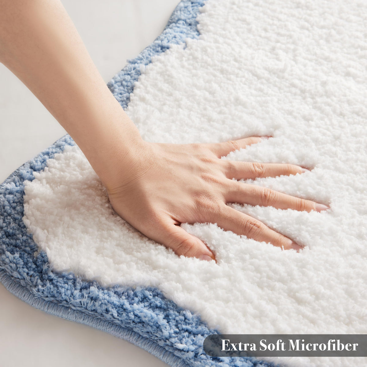 White Scalloped Bath Mat with Blue Piping