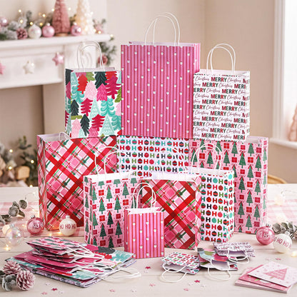 Blue Toile Christmas Kraft Gift Bags, Set of 18