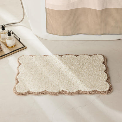 White Scalloped Bath Mat with Blue Piping