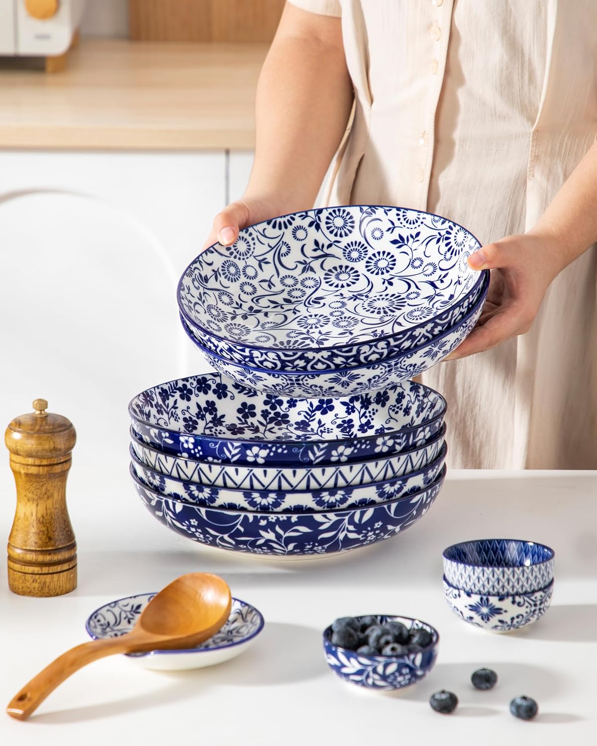 Blue and White Floral Pasta Bowls, Set of 6
