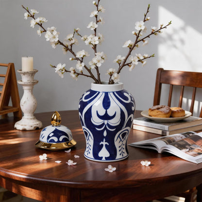 Blue and White Ginger Jar with Gold Trim, 14 Inch