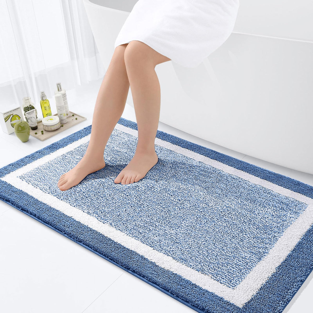 Navy and White Microfiber Bath Rug, 36 x 24