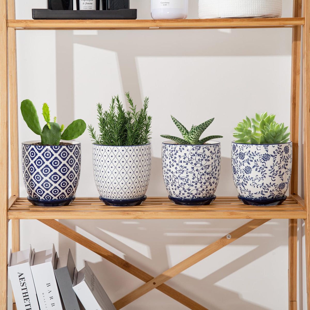 Vintage Blue Succulent Pots with Saucers, Set of 4