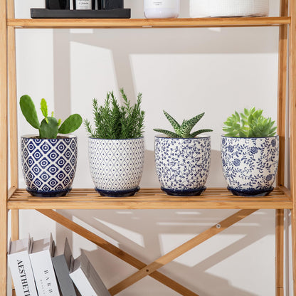 Vintage Blue Succulent Pots with Saucers, Set of 4