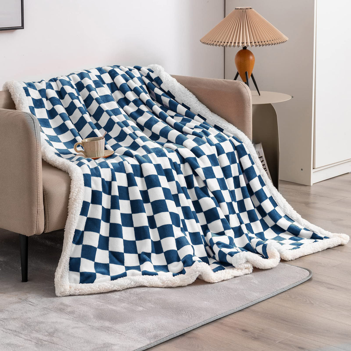 Navy Checkered Sherpa Throw Blanket