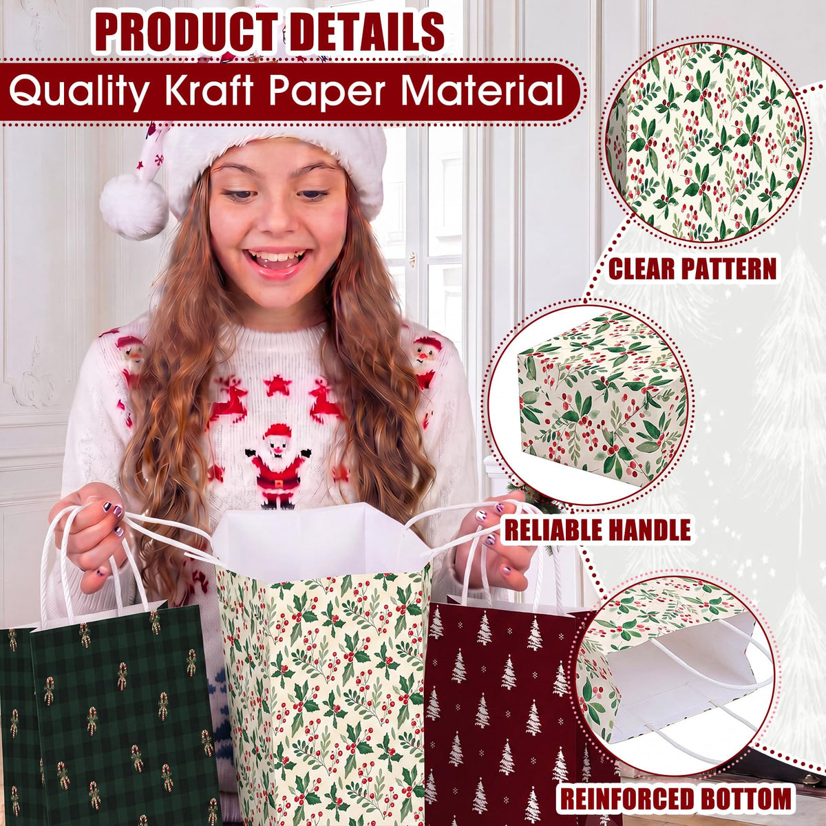 Blue Toile Christmas Kraft Gift Bags, Set of 18