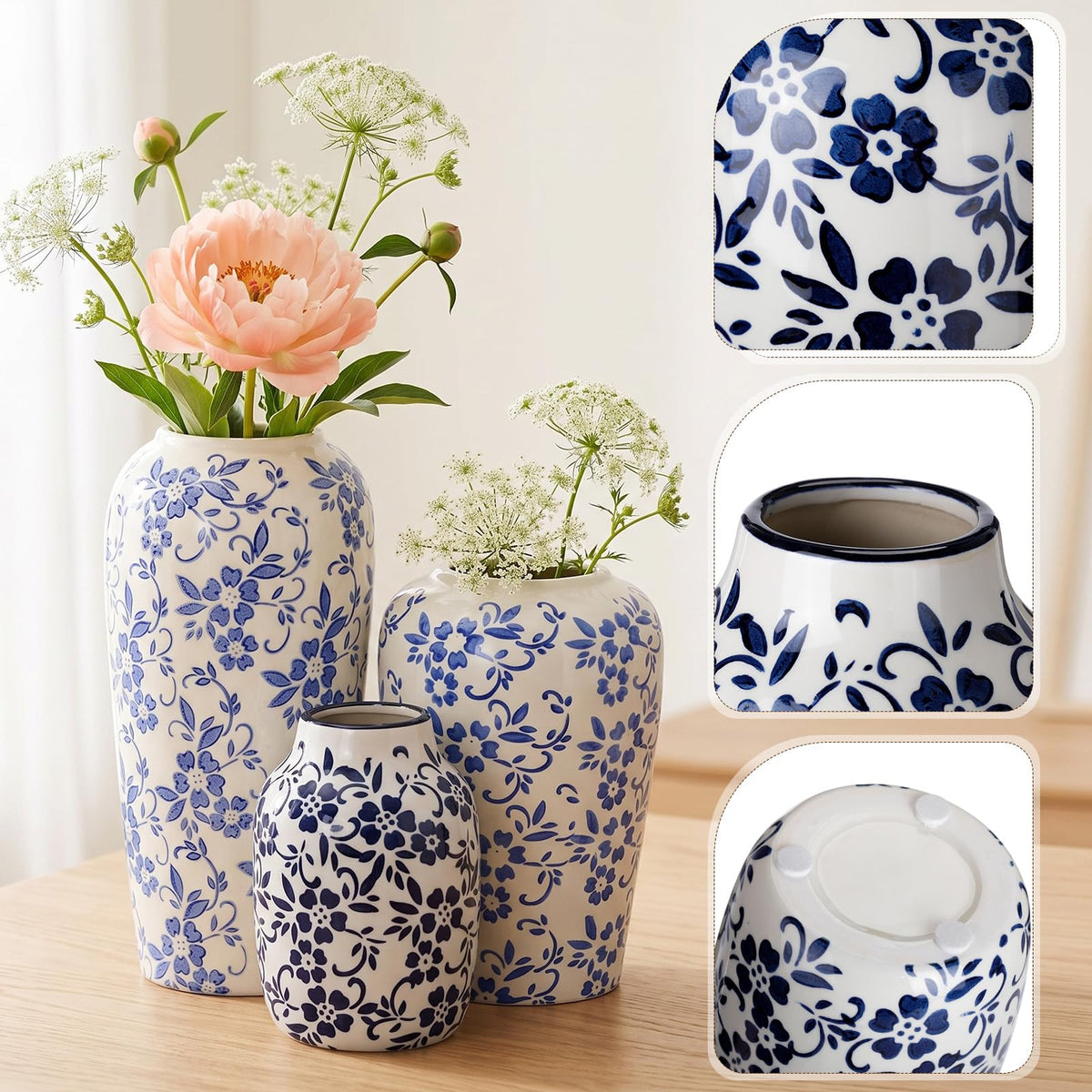 Set of 3 Blue and White Chinoiserie Vases