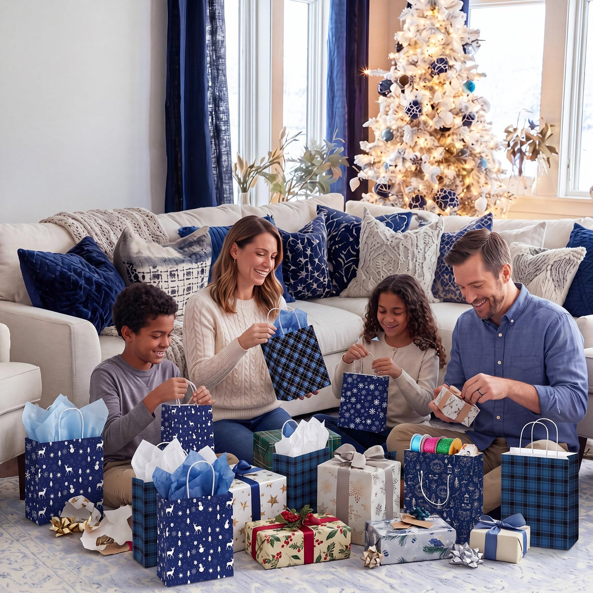 Blue Toile Christmas Kraft Gift Bags, Set of 18
