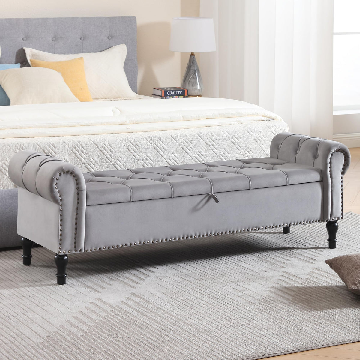 Navy Velvet Tufted Storage Bench