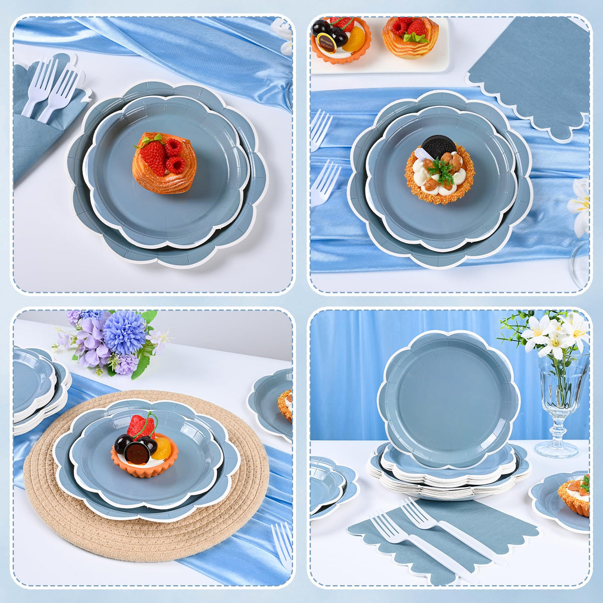 Blue Scalloped Paper Plates and Napkins, Serves 24