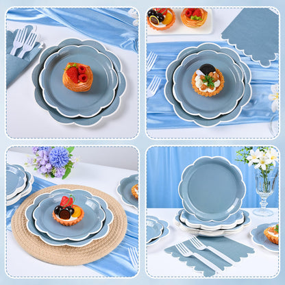 Blue Scalloped Paper Plates and Napkins, Serves 24