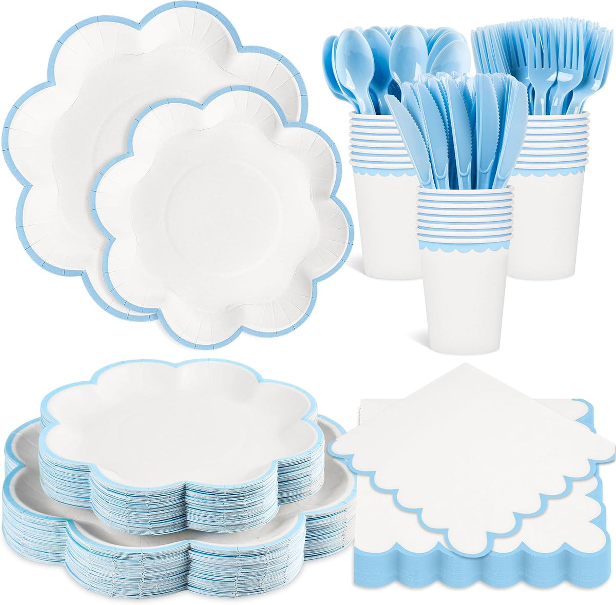 Blue and White Paper Tableware Set, Serves 50