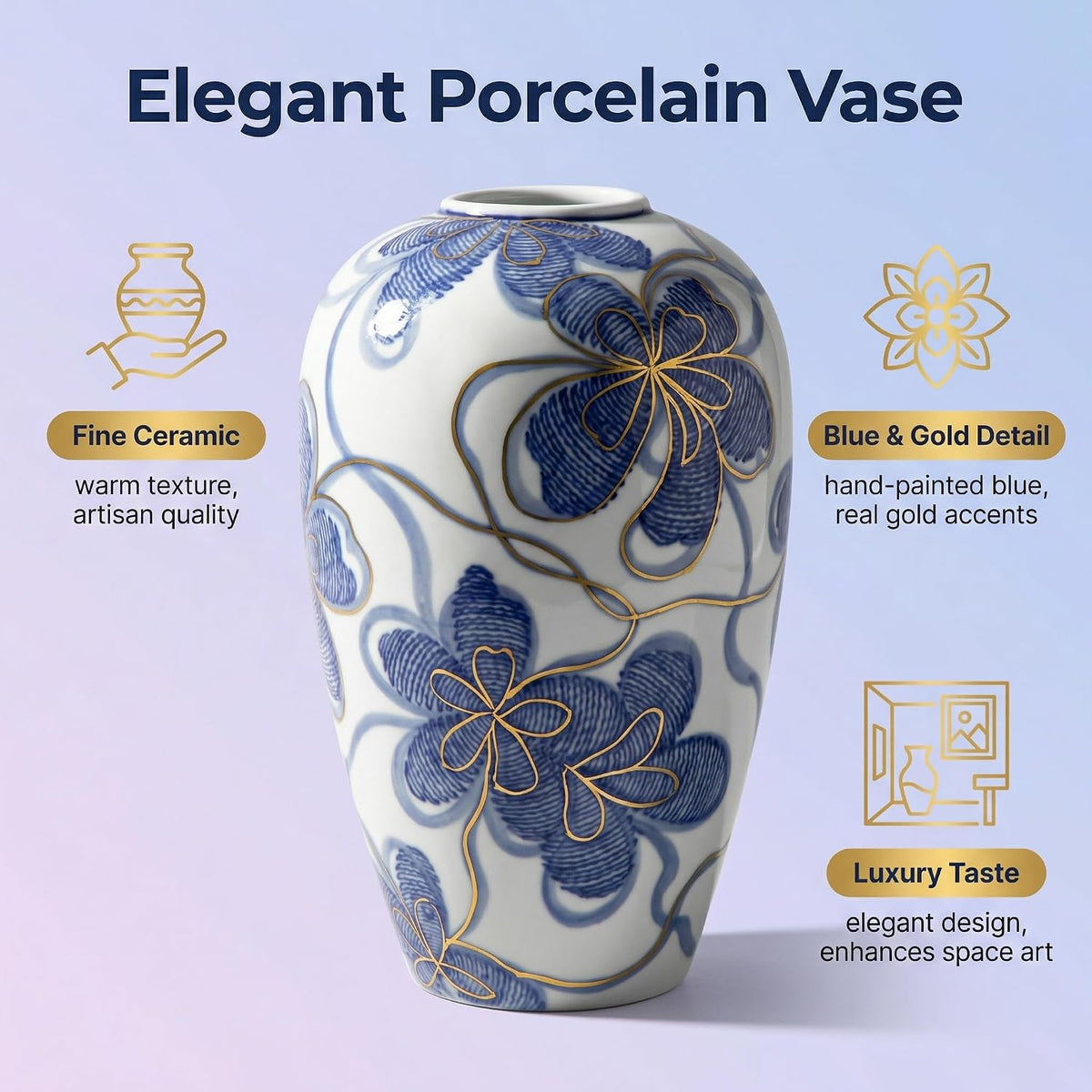 Hand-Painted Blue and White Vase with Gold Accents