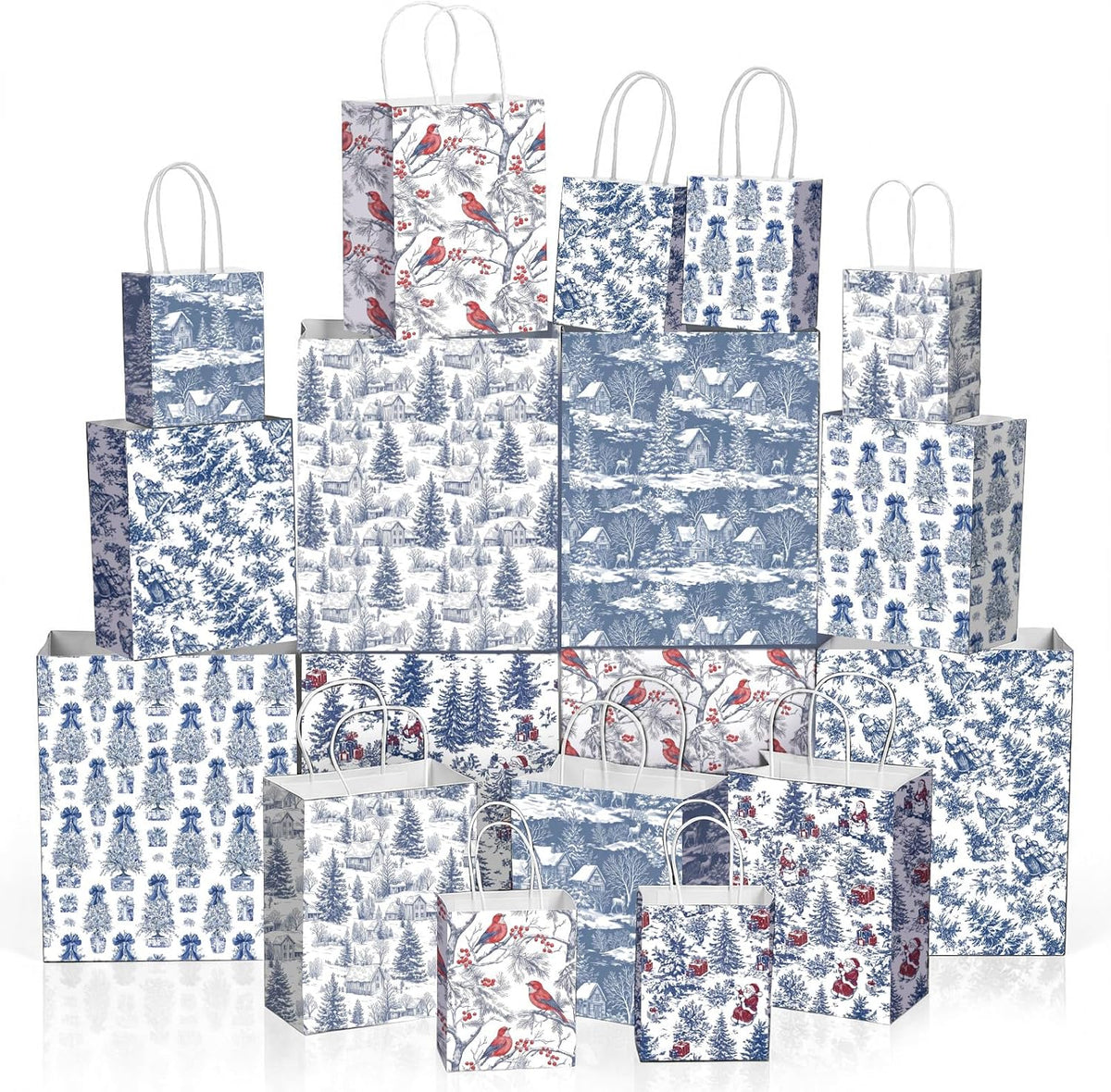 Blue Toile Christmas Kraft Gift Bags, Set of 18