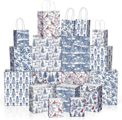 Blue Toile Christmas Kraft Gift Bags, Set of 18