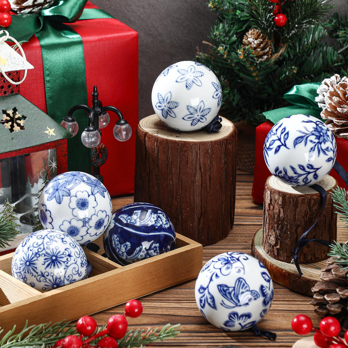 Blue and White Porcelain Christmas Balls, Set of 6 or 12