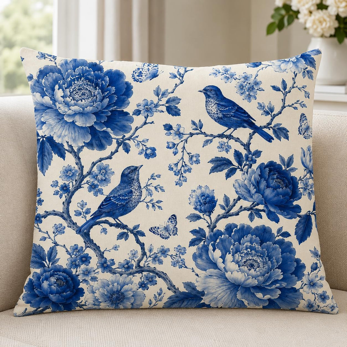 Blue Chinoiserie Bird and Peony Pillow Cover, 18x18