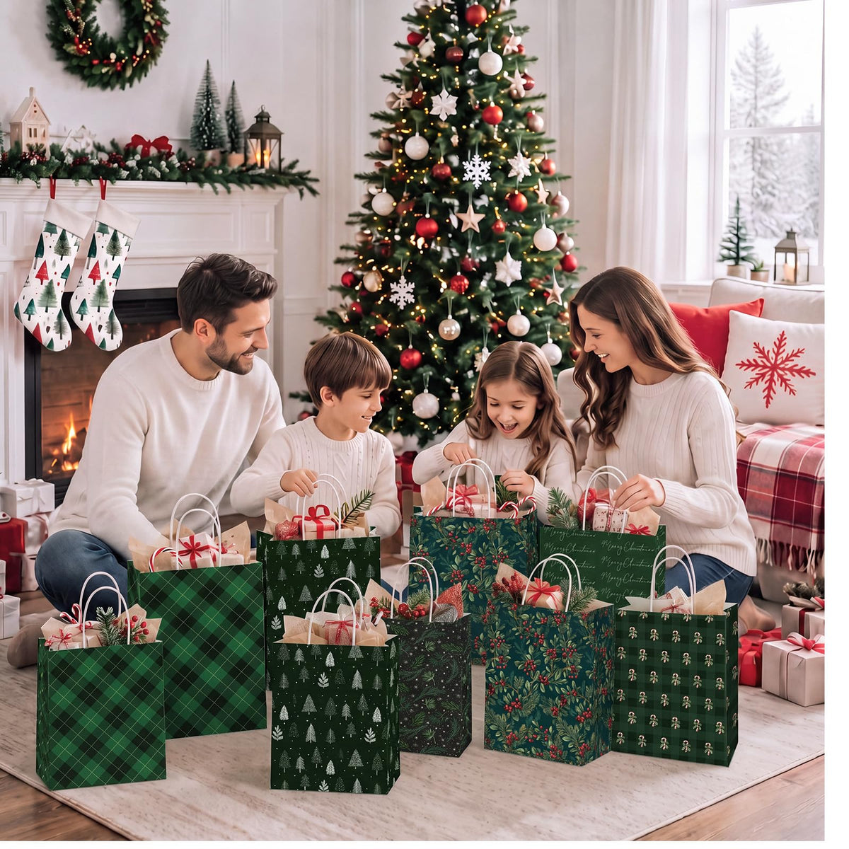 Blue Toile Christmas Kraft Gift Bags, Set of 18