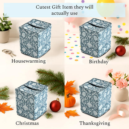Block Print Cotton Tissue Box Cover, Apatite Blue