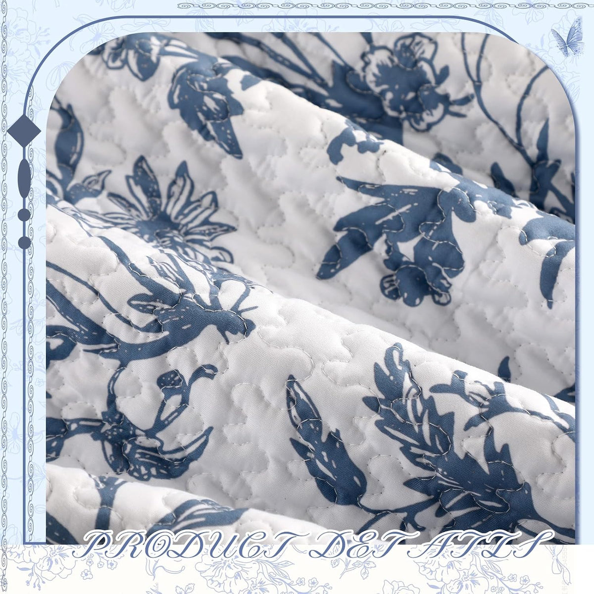 Blue Floral Quilted Throw Blanket, 50 x 60 Inch