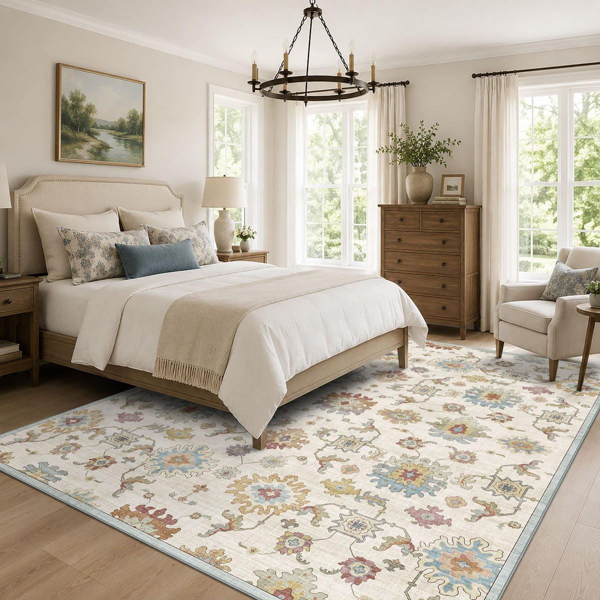 Washable Area Rug, Delft Blue Vintage Floral