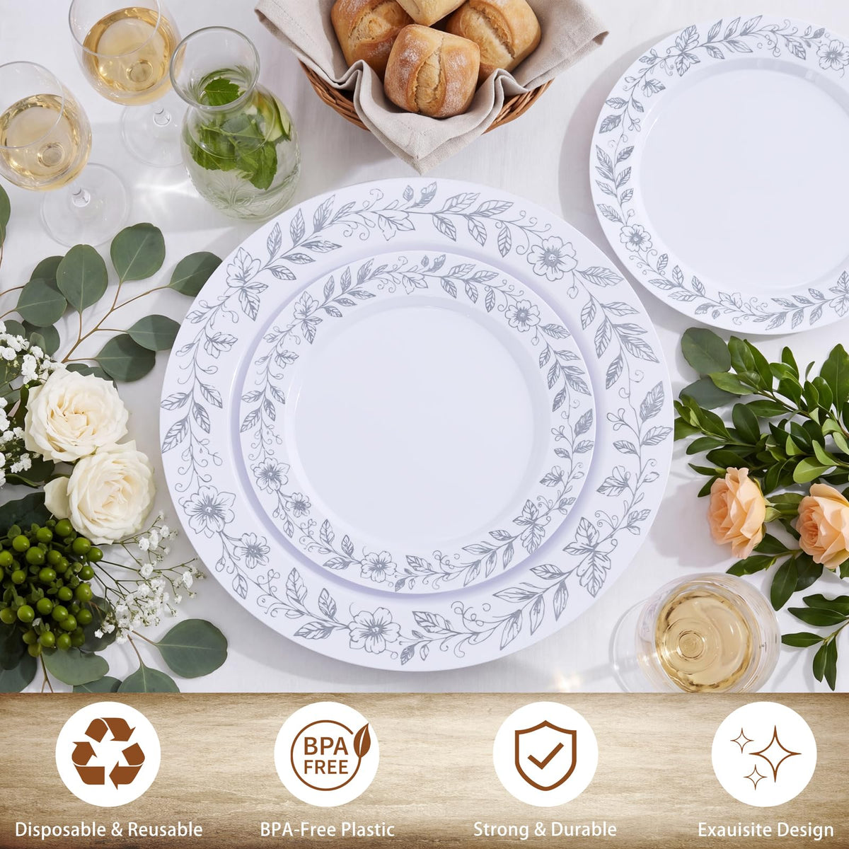 Blue Floral Plastic Plates, 60 Pieces