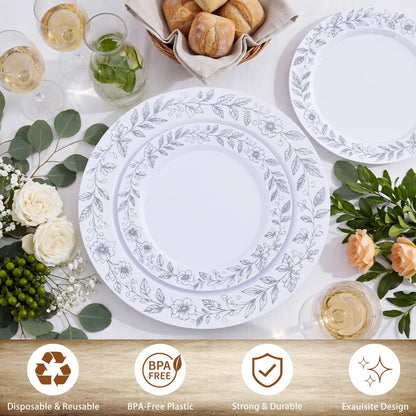 Blue Floral Plastic Plates, 60 Pieces