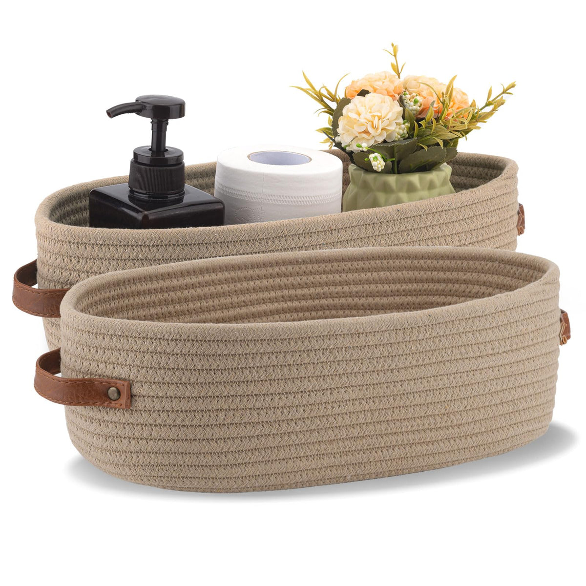 Woven Cotton Rope Toilet Tank Basket, Navy and White