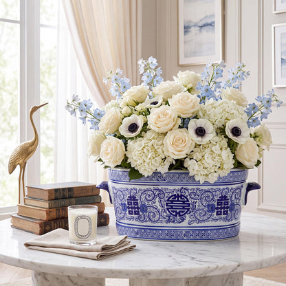 Blue and White Chinoiserie Oval Planter