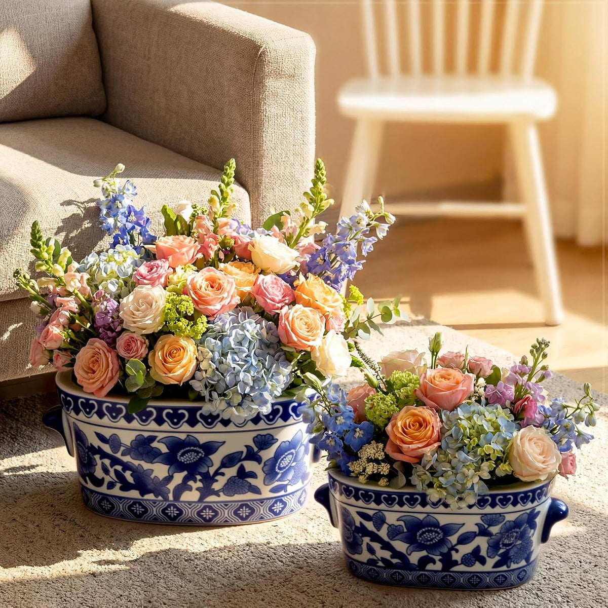 Blue and White Oval Chinoiserie Planters, Set of 2