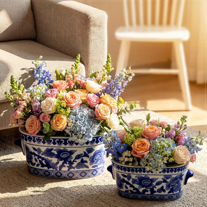 Blue and White Oval Chinoiserie Planters, Set of 2