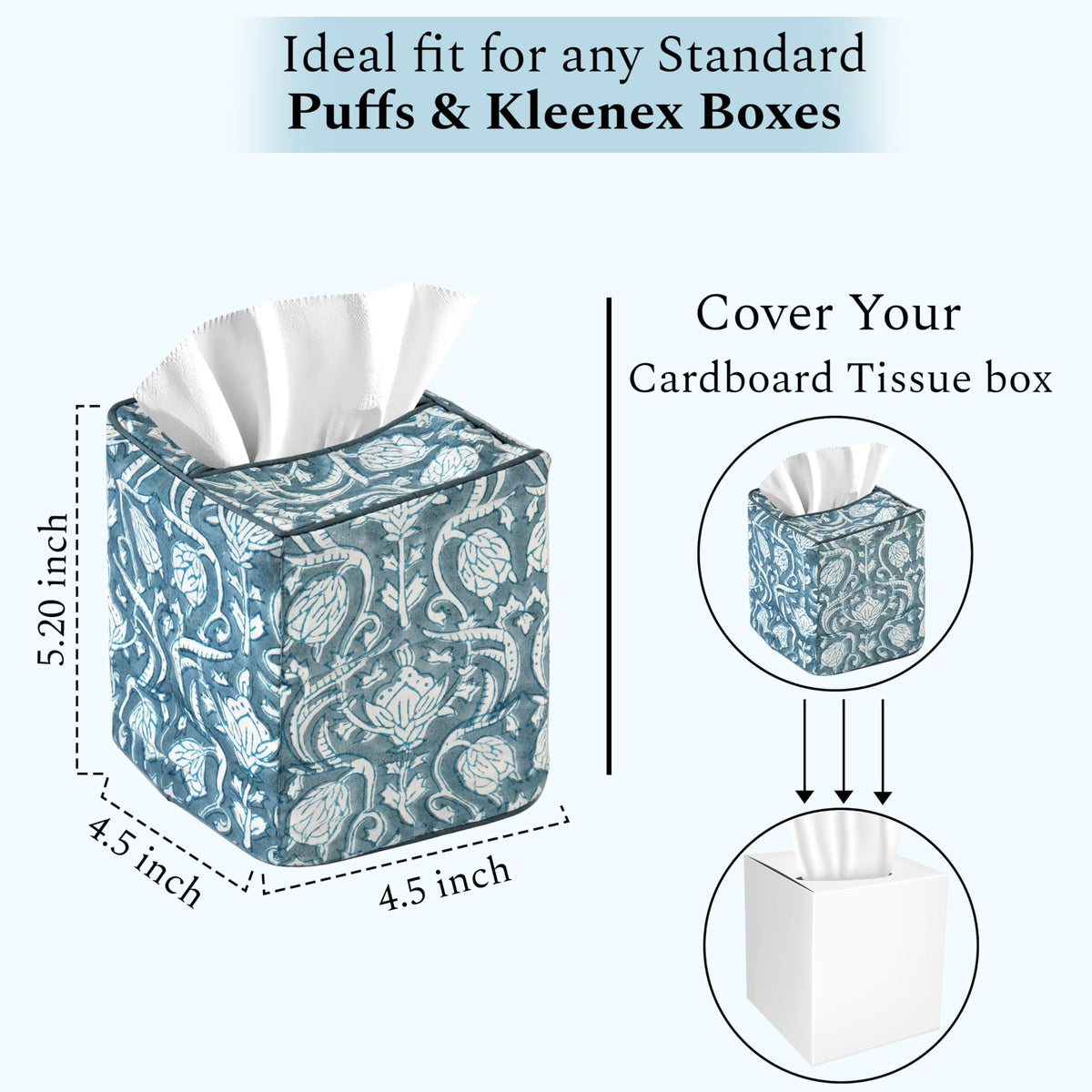 Block Print Cotton Tissue Box Cover, Apatite Blue