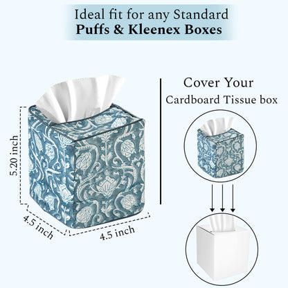 Block Print Cotton Tissue Box Cover, Apatite Blue