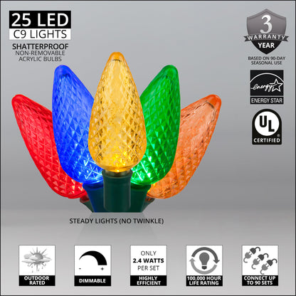 Blue C9 LED Christmas Light Set, 25 Bulbs