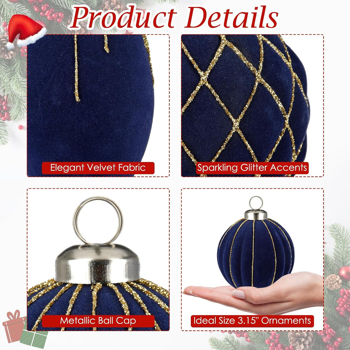 Royal Blue Velvet Christmas Ornament Balls, Set of 12