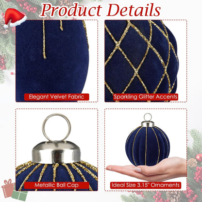 Royal Blue Velvet Christmas Ornament Balls, Set of 12