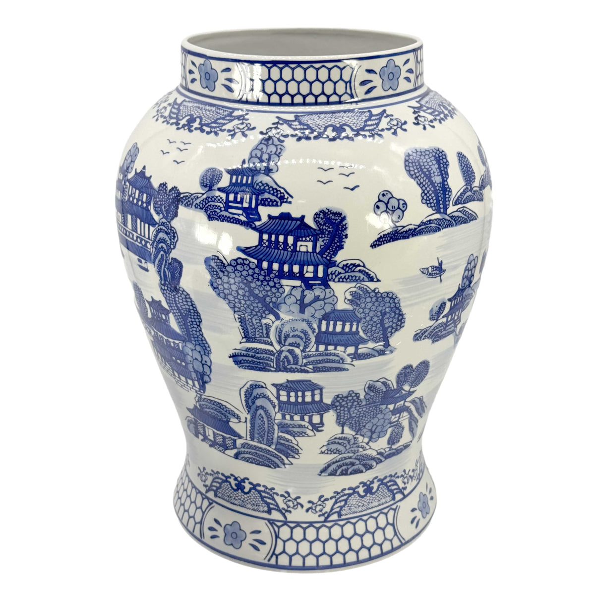 Large 25 Inch Blue and White Chinoiserie Temple Jar