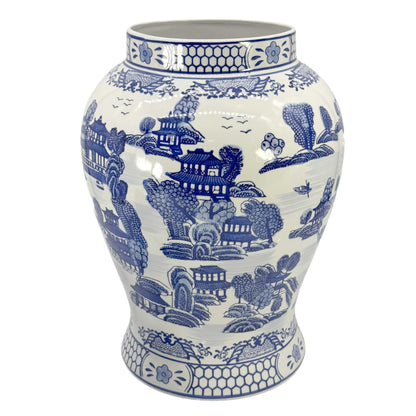 Large 25 Inch Blue and White Chinoiserie Temple Jar